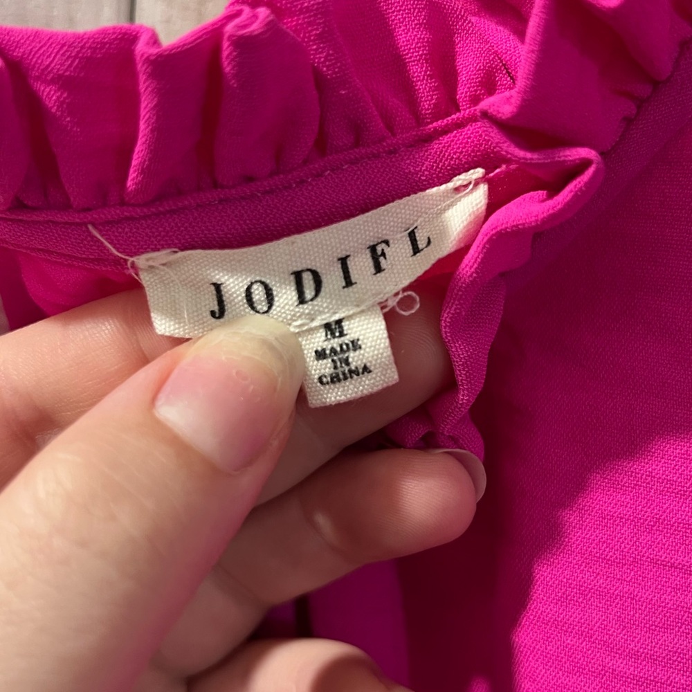 Jodifl Vibrant Pink Ruffle Collared Babydoll Peasant Blouse Womens Size Medium - Picture 10 of 12